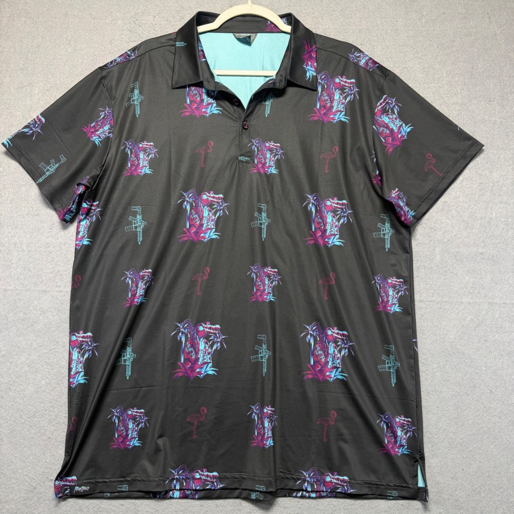 Retro Rifle Gator Boi Mens‎ 2XL Black Synthwave Crocodile Tropical Polo Shirt